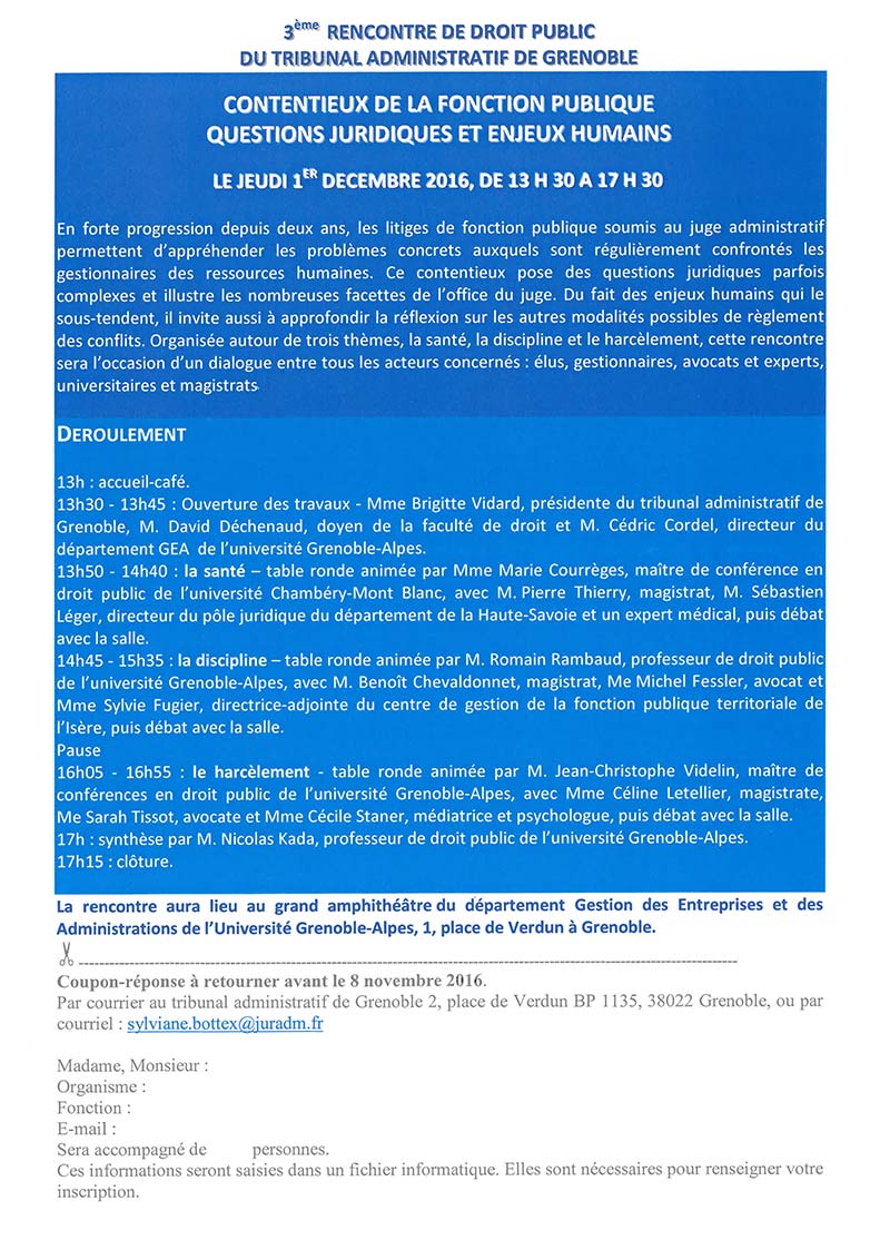 3e rencontre de droit public du Tribunal administratif de Grenoble « Le droit public et la gestion des Ressources Humaines »